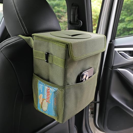 AOKJOY Car Garbage can with lid Leak Proof Vehicle Trash Can 3 Storage Pockets Hanging Waterproof car Trash Bag for SUV Green