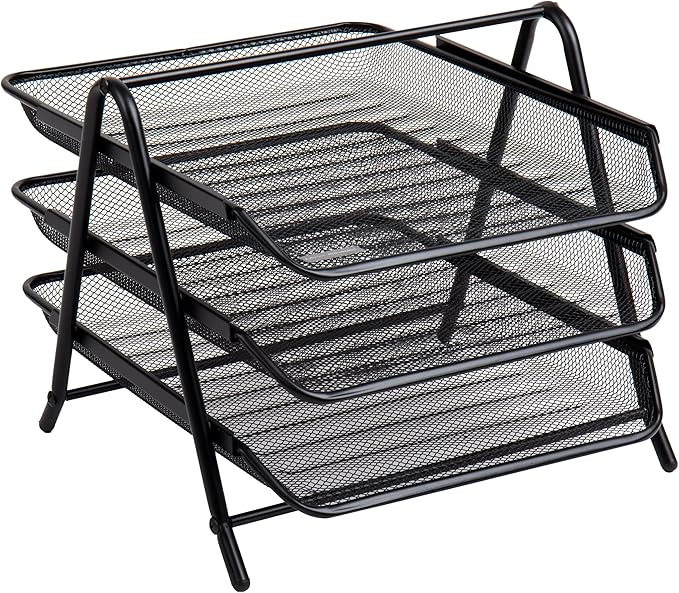 Mind Reader 3-Tier Paper Tray, Desktop Organizer, File Storage, Workspace, Office, Metal Mesh, 11.75"L x 13.75"W x 10"H, Black