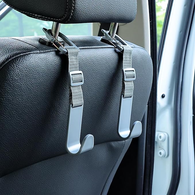 Amooca Car Headrest Hooks 4 Pack Adjustable Universal Fit Auto Seat Back Organizer Storage Hanger Purse Bags Holder with Clip Gray