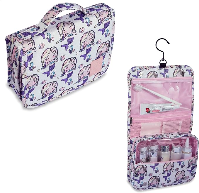 Eudora Hanging Travel Toiletry Bag for Women and Girls, Teenage Waterproof Bathroom Bag, Cute Glitter Mermaid Shower Cosmetic Bag with Large Capacity and 360 Rotatable Hook (Pink)
