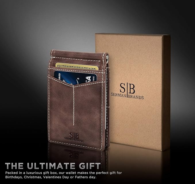 SERMAN BRANDS RFID Blocking Wallet Slim Bifold - Genuine Leather Minimalist Front Pocket Wallets for Men with Money Clip Gift