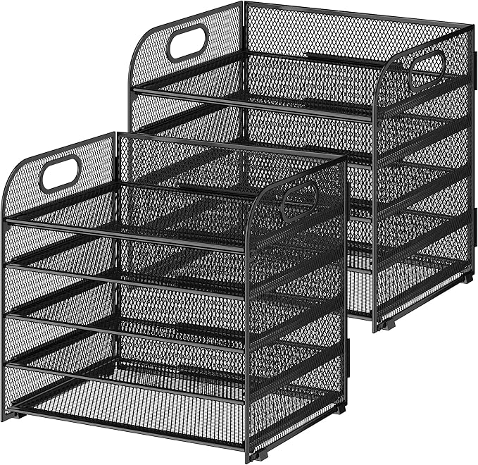 Cawukege 2 Pack 5 Tier Paper Organizer, Letter Tray with Handle, Mesh Desk Organizer, Metal File Organizer, Office Desk Accessories for Home, Office, Classroom, School -Black