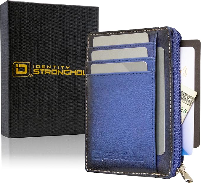 ID STRONGHOLD RFID Front Pocket Wallet Mini Minimalist Wallet Slim Wallet Genuine Leather with Zipper , Royal Blue , Small