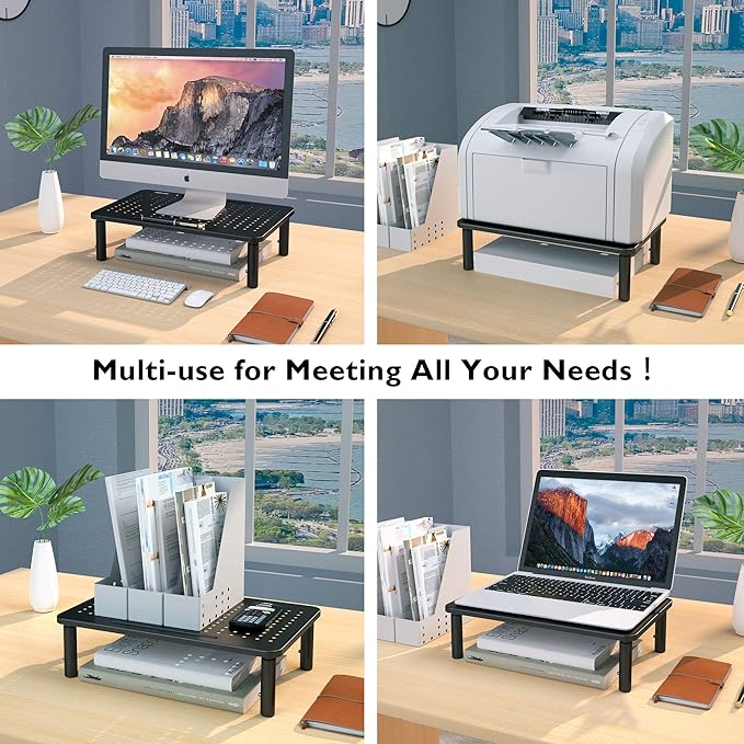 BONTEC 2 Pack 3 Height Adjustable Monitor Stand Riser with Pen Holder, Ergonomic Metal Laptop Stand with Cable Management, Desktop Stand for Computer, Printer (Black, 14.3??x 9.1??