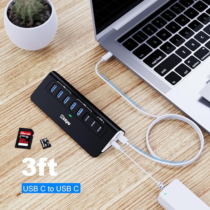 Powered USB Hub 10Gbps, Intpw YH6AC Plus 10 Port USB 3.2 Hub(USB A/USB C 3.2+3 USB-A 3.0+2 PD 45W Fast Charging Port+SD/TF Card Reader), 65W Power Adapter,Aluminum USB HUB for PC,Laptop,iPhone 17/16