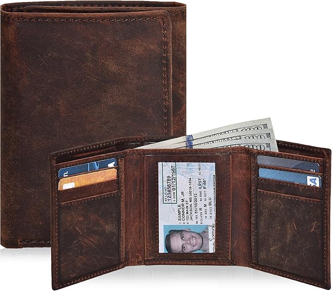 Real Leather Mens Trifold Wallet RFID Blocking Slim Minimalist Front Pocket - Thin & Stylish with ID Window in Gift Box