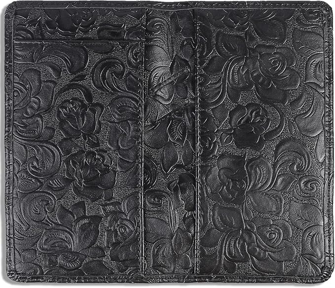 Sanlykate Leather Checkbook Cover for Men and Women, Check Book Case Card Holder with Free Divider, Standard Register Duplicate Checks with pen inserts, Black Flower