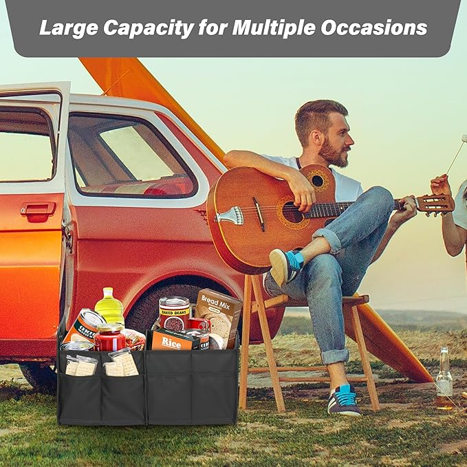 HealSmart Car Trunk Organizer, Foldable 2 Compartment Automotive Storage Accessories with 50L Capacity, 600D Waterproof Oxford Polyester, Non Slip Bottom, Black, 2 Pack