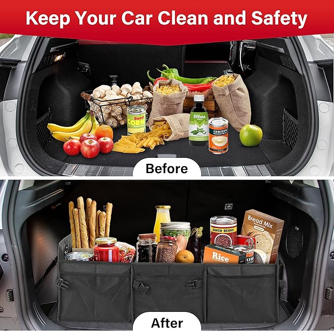 Simple Deluxe Trunk Organizer for Car, 95L Large Capacity, Collapsible Multi Compartment Automotive SUV Accessories, Adjustable Strap & Non Slip Bottom, for Travel/Home/Office, Black Newv