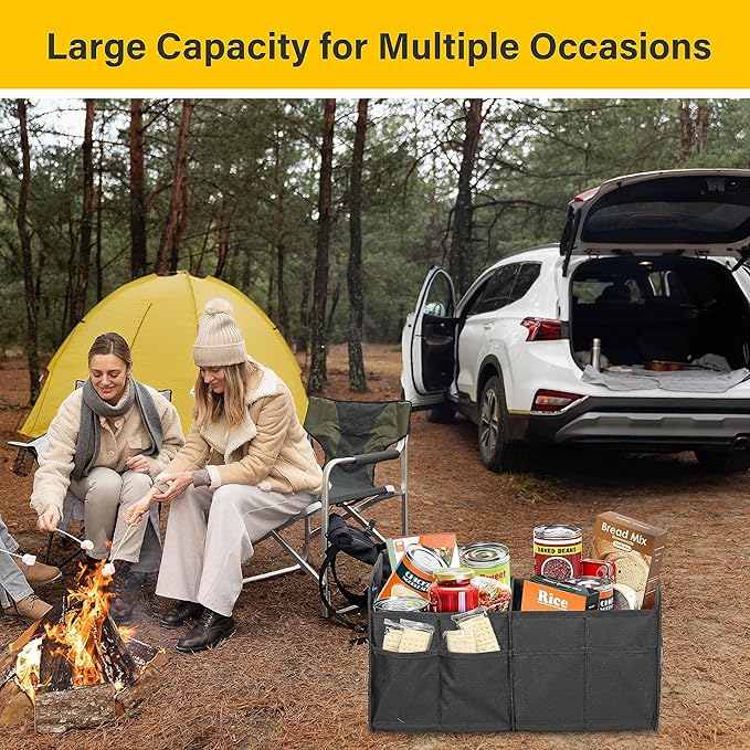 YSSOA Trunk Organizer for Car/SUV/Truck, Collapsible 2 Compartment Automotive Storage Box, 600D Waterproof Oxford Polyester 50L Travel Accessories, Anti-slip & Leak-proof, Black, 4 Pack