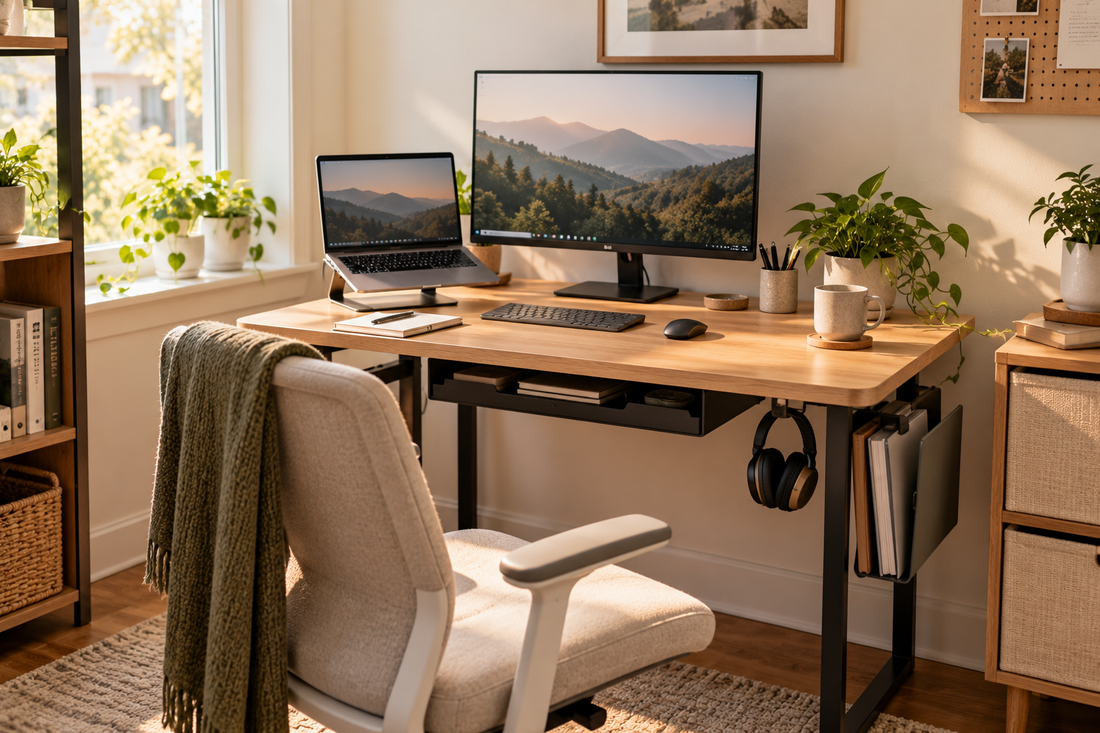 Organized small desk with a clear workspace in a compact home office