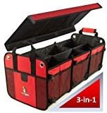 Tuff Viking Convertible Large 3 Compartment SUV Trunk Organizer | Truck Bed for Trucks, Cars, SUVs (4-in-1 with Cover, Red)