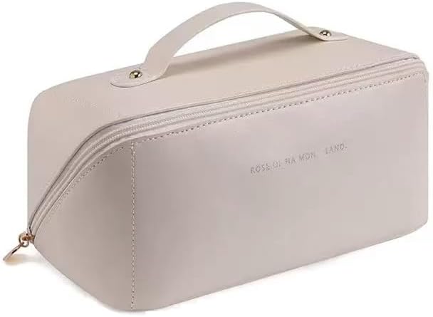 Travel Makeup Bag for Women, Large Capacity PU Leather Toiletry Bag with Multiple Compartments, Waterproof Cosmetic Organizer with Handle, Portable Travel Pouch for Skincare, White