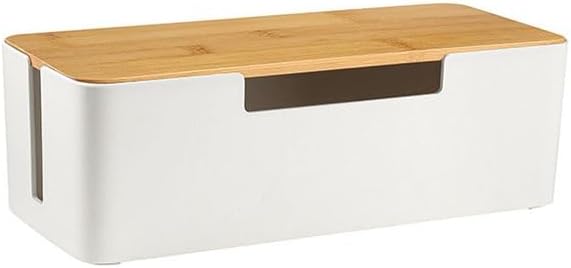 ABS Cord Organizer Box with Wooden Lid, Cable Management Box for Power Strips or Surge Protectors, Desk Cable Tidy Box for Office Home(White)