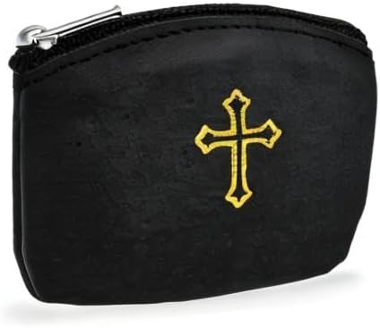 Black Rosary Pouch with Zipper & Gold St. Thomas Cross Imprint | Compact Leatherette Rosary Case for Small to Medium Rosaries | Protective Travel Rosary Holder for Men & Women