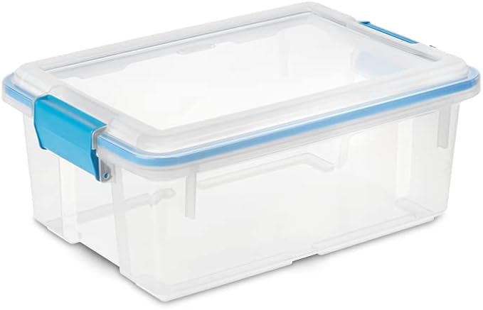 Sterilite 7.5 Qt Gasket Box, Stackable Storage Bin with Latching Lid and Tight Seal, Plastic Container to Organize Basement, Clear Base, Lid, 6-Pack