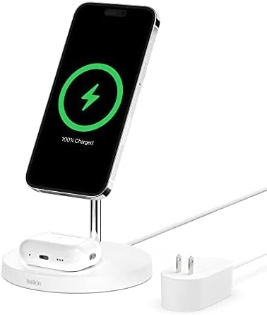 Belkin MagSafe 2-in-1 Wireless Charging Stand for Apple iPhone 17, iPhone 16, iPhone 15, iPhone 14 Series & AirPods - MagSafe Fast Charging Station for Multiple Devices - Black (Certified Refurbished)