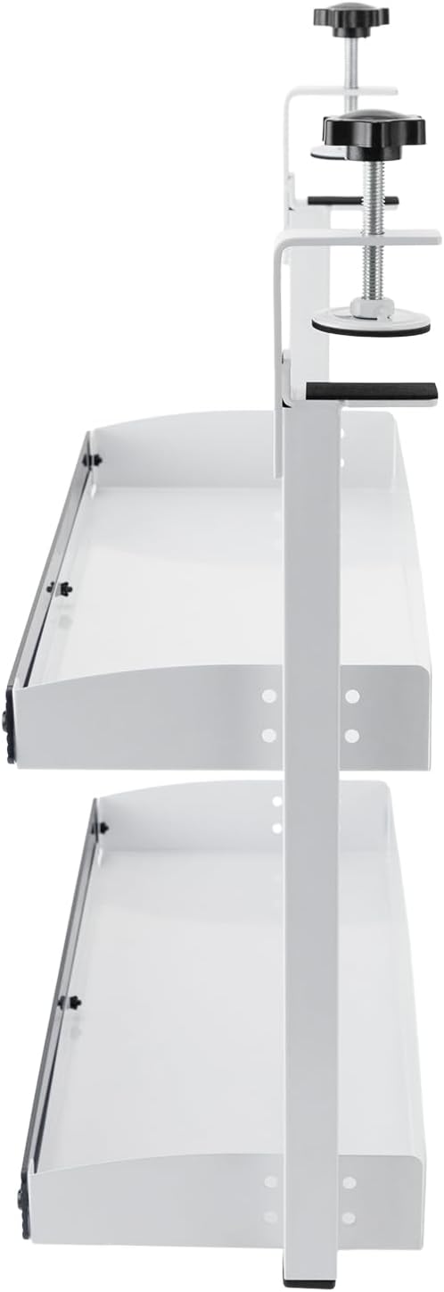 Clamp-on Desk Shelf, Desktop or Under-Desk 2-Tier Shelving Unit with Adjustable Metal Storage Tray, Clip-on Desk Shelf Office Organization (White)