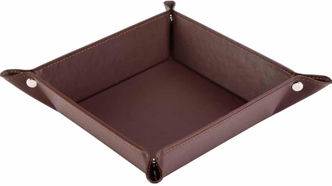 Valet Tray for Men Women - PU Leather Travel Catchall Tray Organizer - Desk Bedside Nightstand Storage Box for Jewelry Key Phone Remote Controller Wallet Watch Glasses Coin Readers - Square