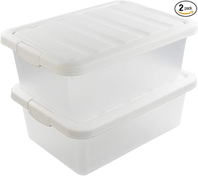 Wekioger Versatile Storage Organizer Plastic Bins with Lids, White 2 Packs, 14 Quart.