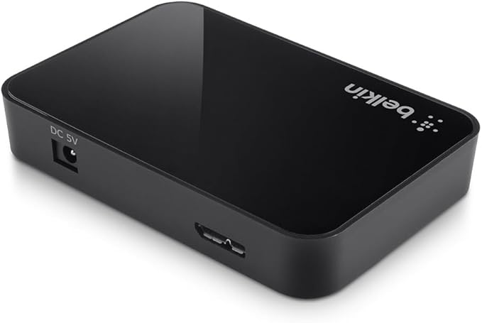 Belkin 4-Port USB 3.0 Hub – SuperSpeed Powered Station with 5 Gbps Data & Charging, Compact Desktop Adapter for Laptops, iPhone Chargers, Printers, Storage Devices – Black