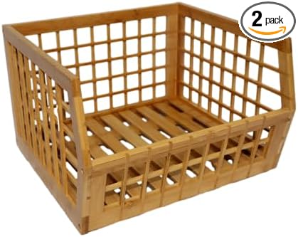 Bamboo Storage Bin - Multipurpose, Stackable, Open Front Storage Bin for Kitchen & Pantry - Stylish Lattice Design - 2 Pack