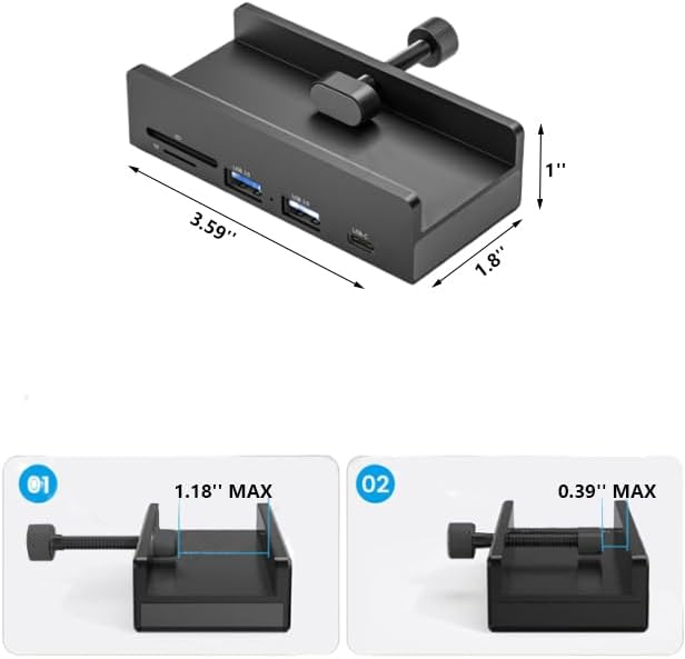 USB C Hub Clamp Aluminum 2-Port USB 3.0, USB C Data Port, SD/TF Card Reader for 0.39''-1.18'' Thickness Desktop PC, Desks,Monitor Stand Desktop Powered USB Hub and Cell Phone Holder (Black)