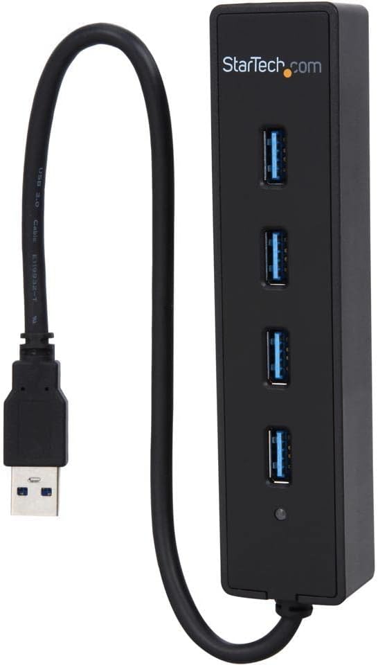 StarTech.com 4-Port USB 3.0 Hub with Built-in Cable - SuperSpeed Laptop USB Hub - Portable USB Splitter - Mini USB Hub (ST4300PBU3), Black