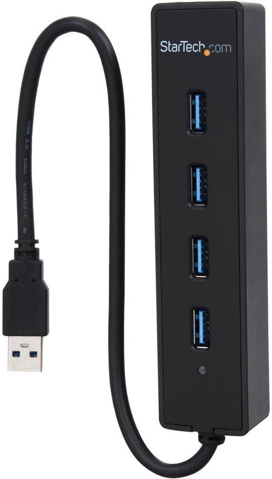 StarTech.com 4-Port USB 3.0 Hub with Built-in Cable - SuperSpeed Laptop USB Hub - Portable USB Splitter - Mini USB Hub (ST4300PBU3), Black