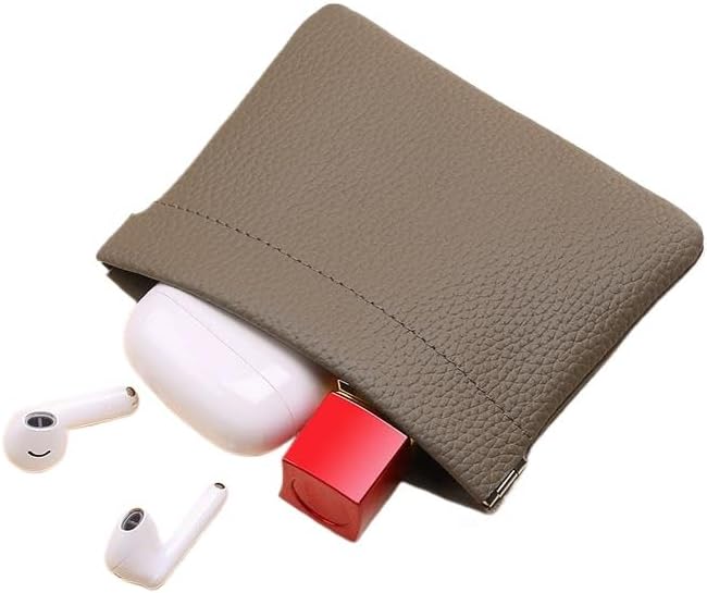 Genuine Leather Squeeze Coin Purse Pouch Change Holder For Men & Women Mini Change Purse Pouch for Pocket, Small Pouch Credit Card Key Headset Lipstick Holder (Grey)