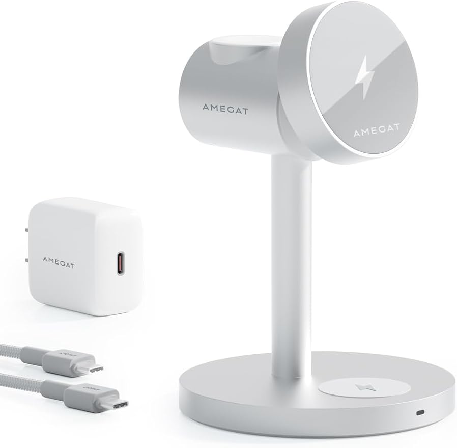 3-in-1 Fast Wireless Charging Station for MagSafe, Qi2 Certified Wireless Charger Stand, Magnetic Charger, MagFusion Wireless Charger for iPhone 17/16/15/14/13/12 Series, Apple Watch, AirPods, Silver