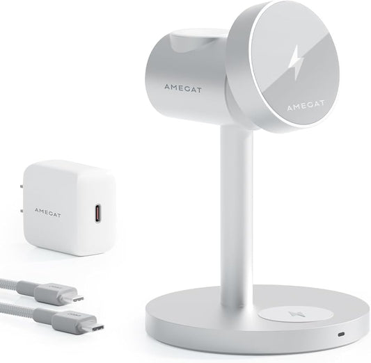 3-in-1 Fast Wireless Charging Station for MagSafe, Qi2 Certified Wireless Charger Stand, Magnetic Charger, MagFusion Wireless Charger for iPhone 17/16/15/14/13/12 Series, Apple Watch, AirPods, Silver
