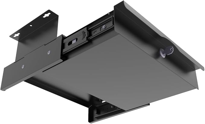 Under Desk Drawer Sliding Out Attachment with Shell, 15.6" x 10" x 5.07" Pull Out Lockable Drawer Storage Organizer with Cable Mangement for Workbench or Standing Desk with High Crosspiece