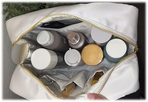 SkyTen Chenille Letter Make Up Bag Nylon Cosmetic Case Stuff Glam Stoney Clover Dupe Travel Organizer (White, X-Large)