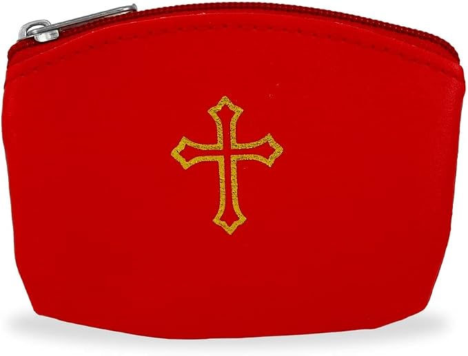 Red Rosary Pouch with Zipper & Gold St. Thomas Cross Imprint | Compact Leatherette Rosary Case for Small to Medium Rosaries | Protective Travel Rosary Holder for Men & Women
