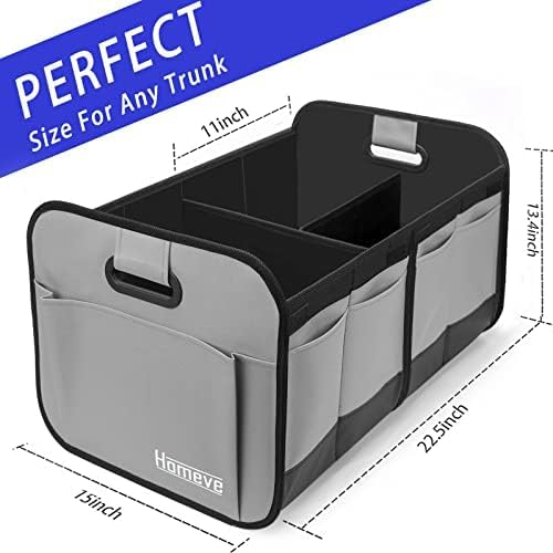 Homeve Trunk Organizer, Car Storage, Reinforced Handles, Collapsible Multi-Compartment, Foldable, Waterproof, Sturdy, 600D Oxford Polyester For Car, SUV, Mini-Van, Grey, 2 Compart