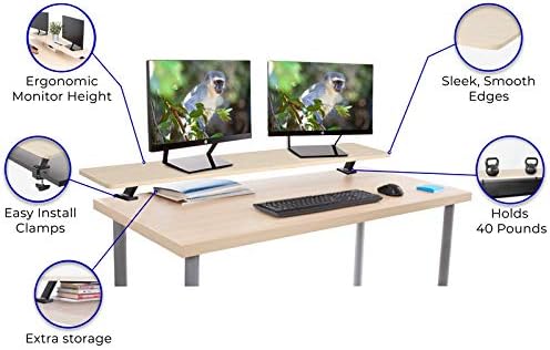Stand Steady 55 Inch Clamp On Desk Shelf | Large Monitor Riser Supports 3 Screens for Extra Storage | Ergonomic Monitor Stand Securely Attaches to Surface with Clamp Base - No Screws (55 In / Maple)