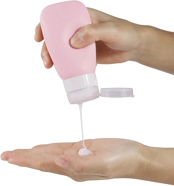 Travel Bottles for Toiletries, TSA Approved 3oz (90ml) Leak Proof Silicone Refillable Squeeze Travel Size Containers BPA Free Air Travel for Shampoo, Lotions, 3-pk (Pink-White-Teal)