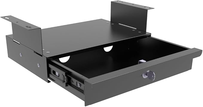 Under Desk Drawer Sliding Out Attachment with Shell, 15.6" x 10" x 5.07" Pull Out Lockable Drawer Storage Organizer with Cable Mangement for Workbench or Standing Desk with High Crosspiece