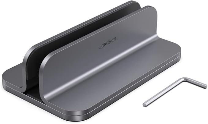 JOKItech Aluminum Laptop Vertical Stand Organizer, Sturdy Laptop Computer Holder Desktop Stand Compatible with new Retina Apple MacBook Pro/Air/Neo, Mac mini & iPad Pro - Spacegrey