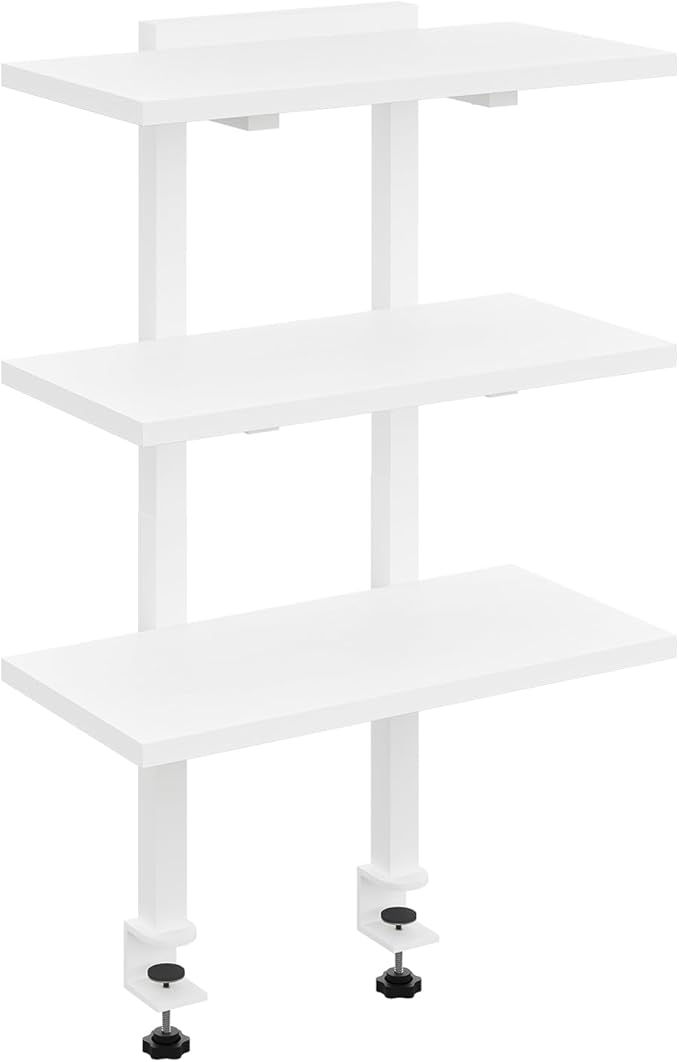 MAHANCRIS Clamp On Desk Organizer, 3-Tier Desktop Bookshelf, Adjustable Desk Storage Shelf, Metal Frame, for Office, Study and Game Room, White DSWT3601