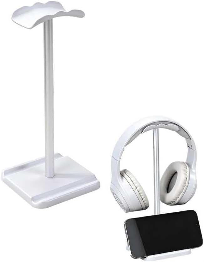 Headphone Stand, Headset Holder with Phone Holder for Desk Office Gaming, TPU-Padded Headrest, Aluminum Pole, Anti-Slip ABS Base, Universal Earphone Stand, 2 Pack White