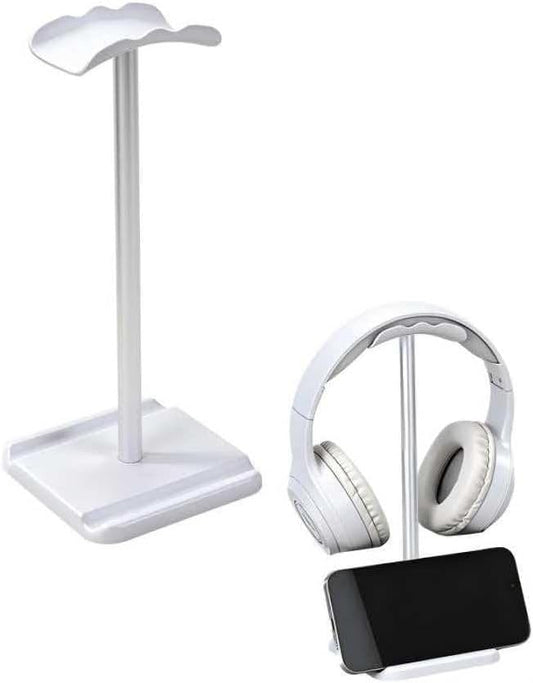 Headphone Stand, Headset Holder with Phone Holder for Desk Office Gaming, TPU-Padded Headrest, Aluminum Pole, Anti-Slip ABS Base, Universal Earphone Stand, 1 Pack White