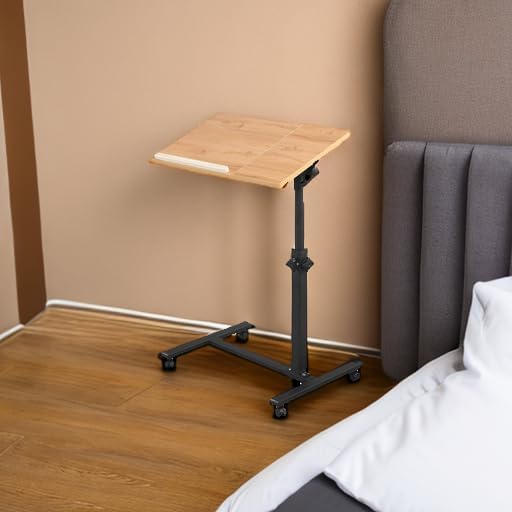 TigerDad Overbed Bedside Desk Mobile Rolling Laptop Stand Tilting Overbed Table with Wheels Height Adjustable Tray Table for Laptop Bed Sofa Side Table (Wood)