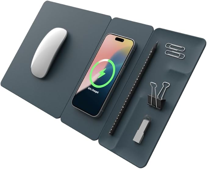 POUT H3 Split Max 3-in-1 Wireless Charging Mouse Pad ??Fast Qi Charger, Mousepad Mat, and Magnetic Tray Organizer ??Compatible with Smartphones and Earbuds (Aqua Blue)