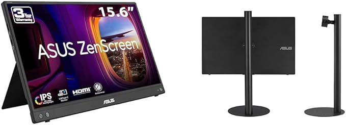 ASUS ZenScreen 16” (15.6 inch viewable) 1080P USB-C Portable Monitor (MB16AHV) & ZenScreen Stand MTS02D - Ergonomic Stand for Portable Monitors, Tilt, Pivot, Height adjustments, 1/4”