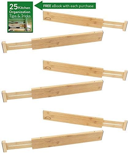 Bamboo Drawer Dividers (Set of 6) - Kitchen Drawer Organizers - Spring Adjustable, Expandable & Stackable Deep Drawers Organizer - Best for Kitchen Utensils, Silverware, Desk, Clothes Dresser Divider