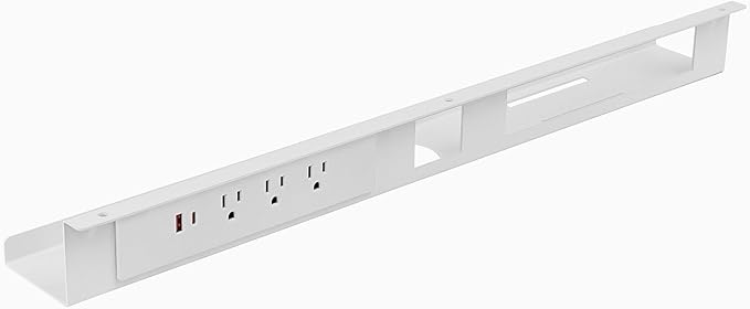 Desky Mini Cable Tray – Under Desk Wire Organizer with Mounting Screws, Compact Metal Cable Management Tray for Office Desks – White, 4 Plug