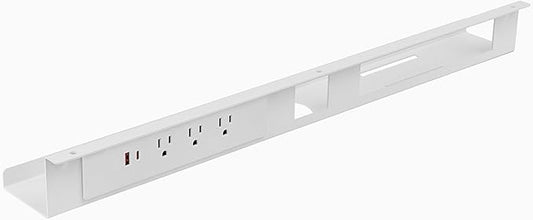 Desky Mini Cable Tray – Under Desk Wire Organizer with Mounting Screws, Compact Metal Cable Management Tray for Office Desks – White, 4 Plug