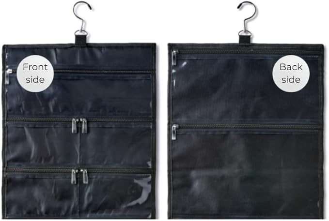 On-The-Go Organizer, 14 Clear Vinyl Pockets, Hanging Travel Case for Makeup and Accessories, 13.5 x 24 inches (Raven, Small)